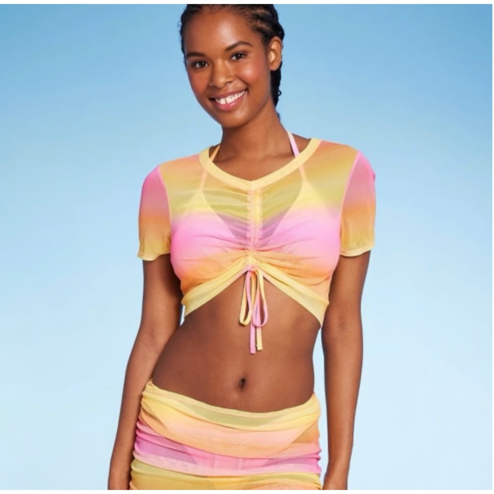 Wild Fable Pink Orange Ombre Mesh 2 Piece Set Ruched Crop Top Mini Skirt Small